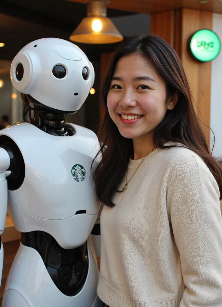 A young woman smiling beside a humanoid robot featuring a Starbucks logo, in a modern cafรฉ setting.