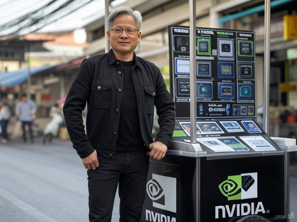 NVIDIA CEO Jensen Huang standing next to a display showcasing NVIDIA chips and AI technologies in a modern outdoor setting.