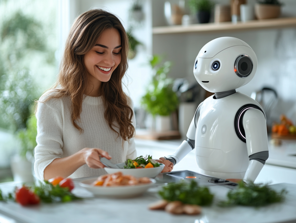 A woman in a bright kitchen smiling while cooking alongside a humanoid robot with a friendly design.